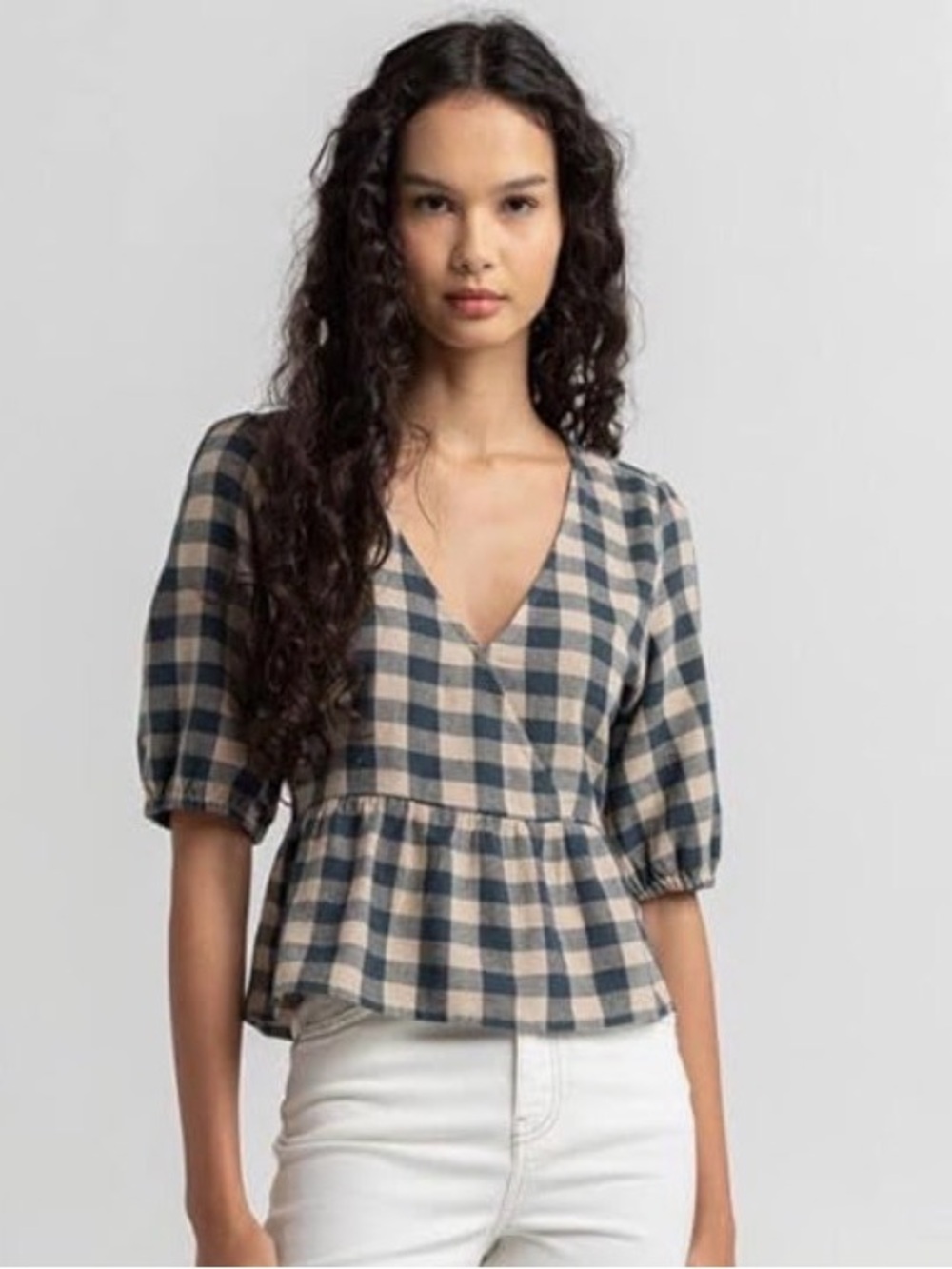 O'Neill Beige and Navy Checked Peplum Woven Top Size Small